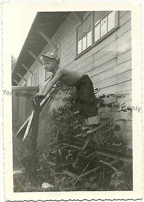 Vintage Old Photo CUTE Little Boy Blue Jeans Farm Equipment Great Pose