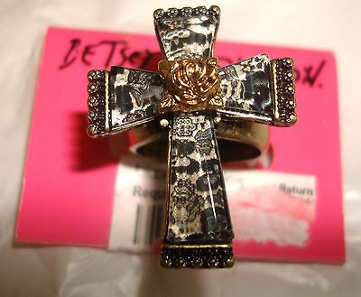 NEW BETSEY JOHNSON CRUCIFX CROSS LACE ROSE FASHION JEWELRY RING NWT