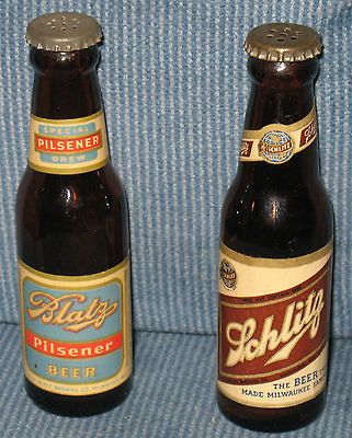 Vintage Glass Beer Bottles Salt and Pepper Shaker Schlitz Blatz Des