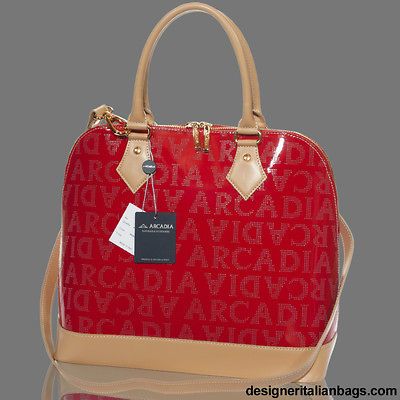 ARCADIA Italian DESIGNER RED PEFRORATED MONOGRAM LEATHER BOWLING BAG