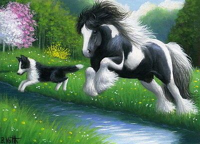 Gypsy horse border collie dog stream landscape limited edition aceo