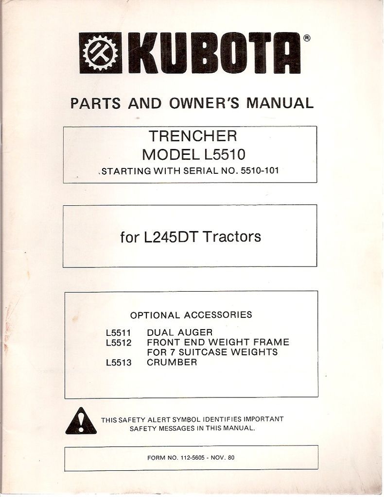 Kubota Model 5510 Trencher for L245DT Tractor Operators & Parts