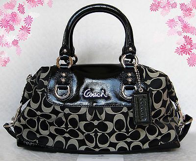 NWT Coach Ashley Black White Signature Sateen Satchel Bag Purse