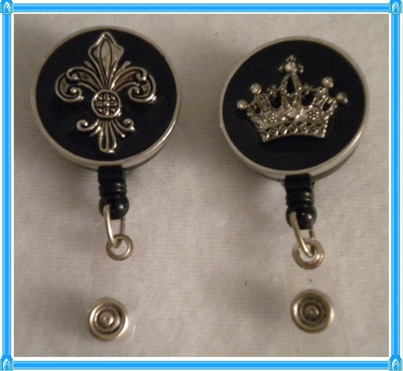 Fleur de Lis or Crown ID Badge Tag Key Holder Retractable Reel