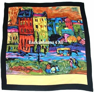 100% Pure Silk Art Scarf Wrap 35X35 Handrolled w/ Kandinsky House