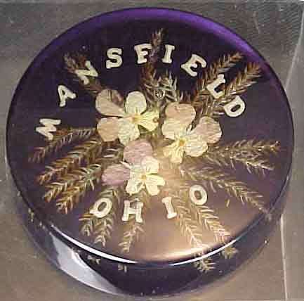 Vintage Mansfield Ohio Paperweight Hard Plastic Flowers Weston