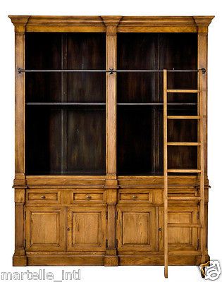 British Barristers Solid Oak Library Bookcase w/ Glass Shelves Ladder