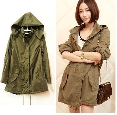 New Womens Army Green Military Parka Button Trench Hooded Coat Jacket