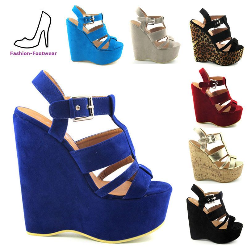 LADIES SUEDE PLATFORM HIGH WEDGE WOMENS STRAPPY CELEBRITY WEDGE HEEL