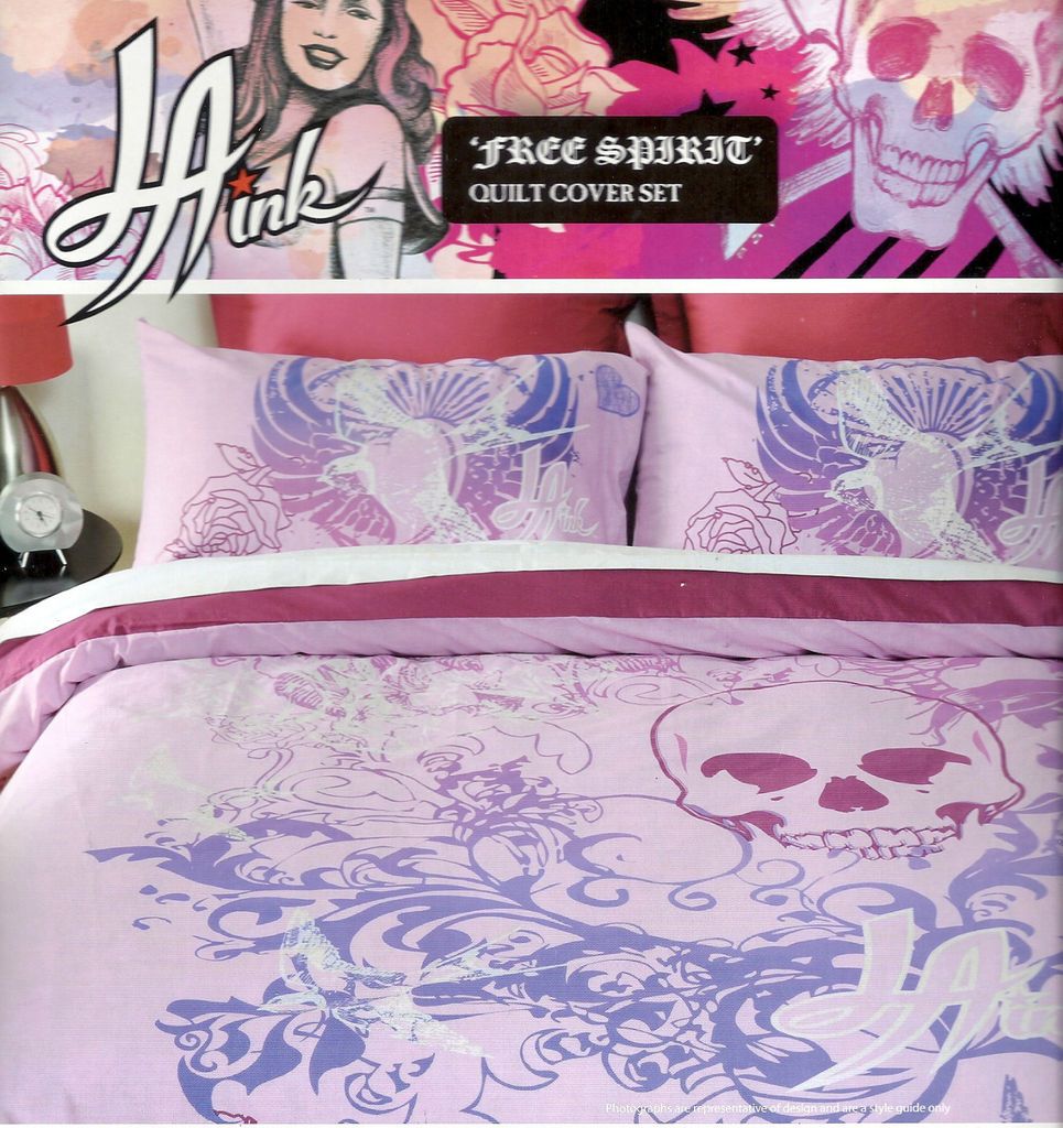 Von D Skull Pink Girl Single Bed Quilt Doona Cover Set Tattoo Bedding