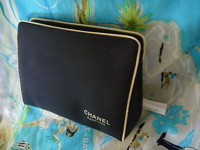 CHANEL COSMETIC BAG MAKEUP TRAVEL CASE CLUTCH BLACK / BEIGE TRIM