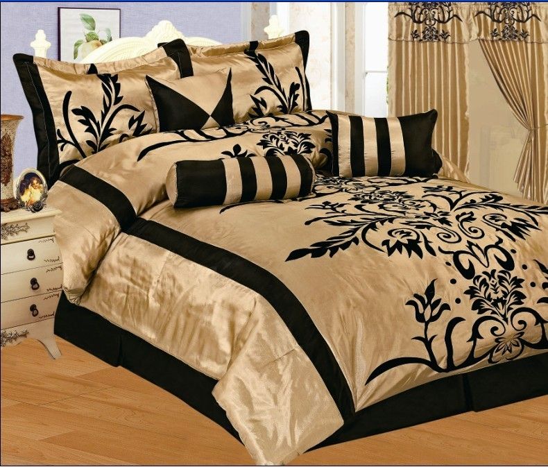 NEW Bed in a bag Black/ Taupe Flock Satin Comforter Set