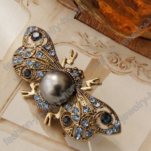 Black Pearl Blue Rhinestone Bee Bumblebee Pin Brooch