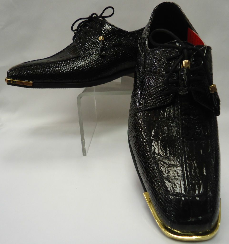 Mens Shiny Rich Black Faux Croco & Elegant Goldtip Dress Shoes