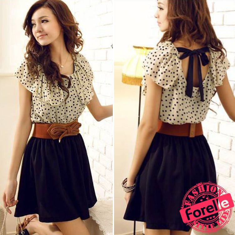 Chic Womens Summer Short Sleeve Chiffon Dots Polka Waist Top Mini