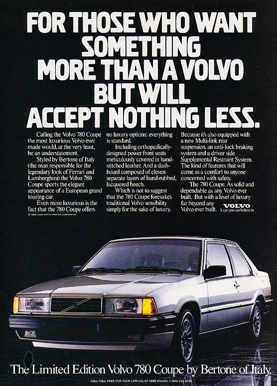 1988 780 Bertone Coupe Volvo   Classic Vintage Advertisement Ad D78