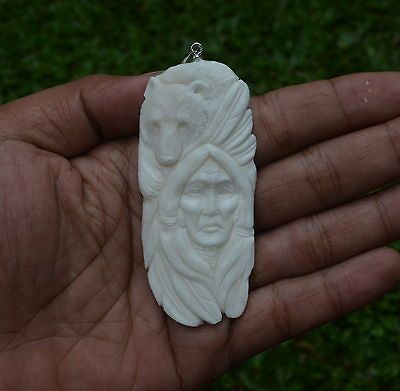 Bear lndian Carving 77x35mm Pendant DP704 w Silver in Buffalo Bone