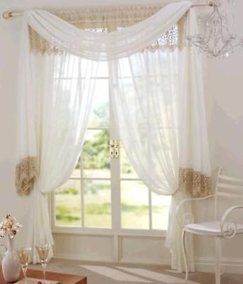 Crushed VOILE SHEER NET LACE Curtain Panel & Scarf Swag Sets CREAM