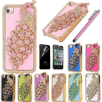 Bling Charm Peacock PU Leather Case Cover for iphone 4 4S + Screen