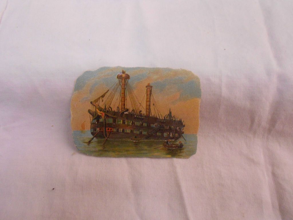 vtg victorian trade card RIVER SHIP of sorts/2 decks/oars/row boat FUN