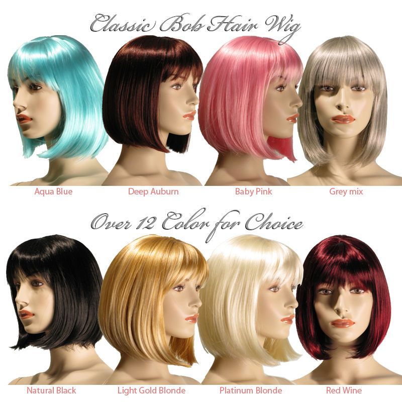 Cindy Classic Bob Short Lady Hair Wig Black Brown Blonde Pink Blue