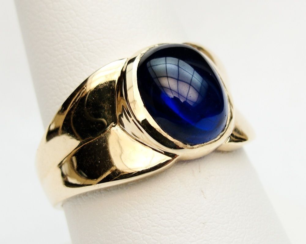 MENS RING VINTAGE ANTIQUE ART DECO BLUE SAPPHIRE 10K YELLOW GOLD