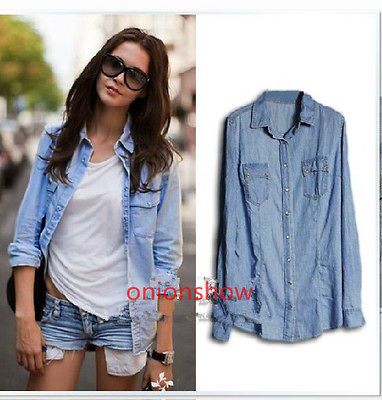 Classic Vintage Fashion Slim Cut Out Denim Tops Blouse Shirts S M L XL