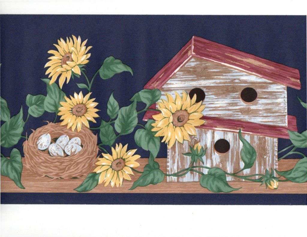 Country Birdhouse Sunflower Vine Bird Nest Dark Blue Wall paper Border