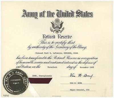 1962 CERTIFICATE US ARMY RETIRED RESERVE COL LA FRATTA USAR IGMR