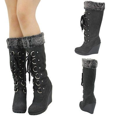 BLACK LACE UP GRAY FUR SHEARLING HIGH HEEL PLATFORM WEDGE MID CALF