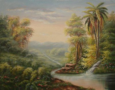 High quality Oil Painting of palm tree and pond landscape with lots of