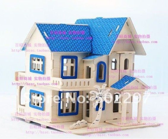 3D woodcraft puzzle construction toy wood Blue fantasy house kit