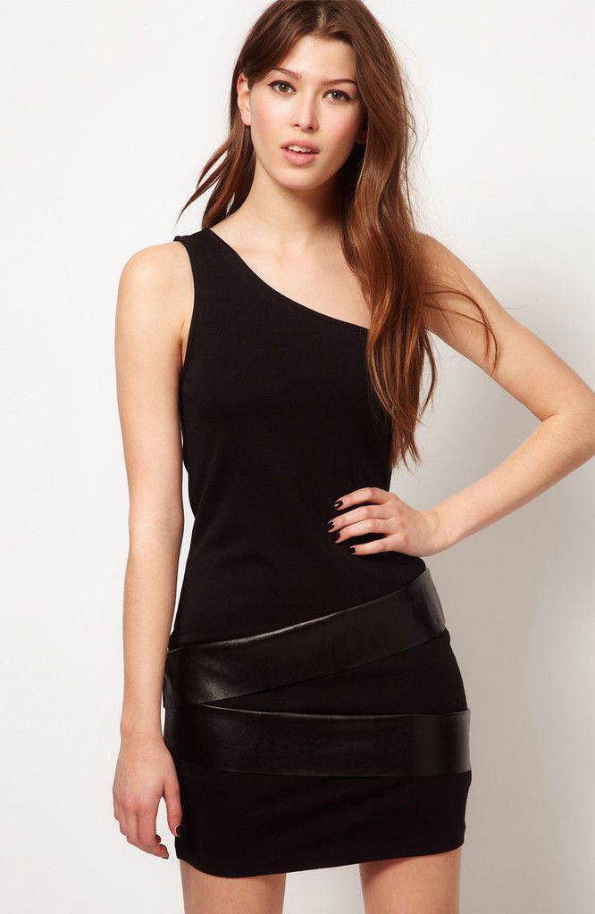 Josh Brody  One Shoulder Black Leather Panel Short Dress Medium/M