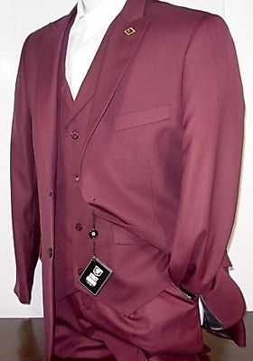 NEW 2013 Stacy Adams Burgundy Wine Three Piece Mens Suit