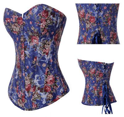 Sexy V1247 Blue Blumen Denim Boned Corset Bustier Top S M L XL XXL