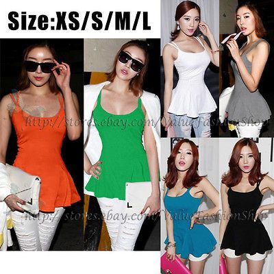 Womens Open Back Peplum Cotton Spaghetti Strap Tee Tank Tops Cami