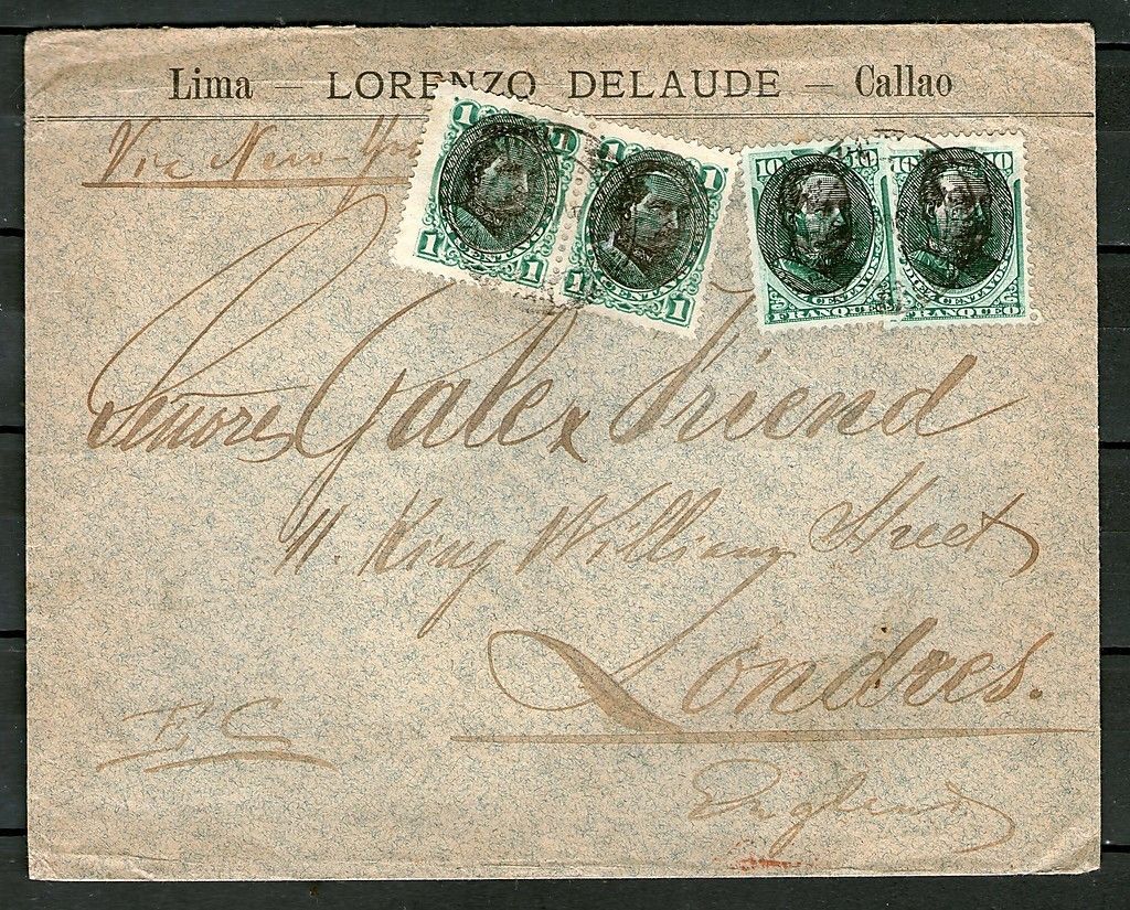 PERU (#2571) Sc.119(2)+123( 2), on cover dated Callao 1895 to London