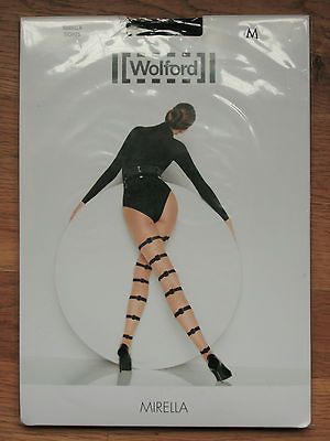 Wolford Mirella Belt Buckle Striped Tights Pantyhose Black Medium