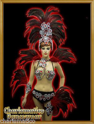 RED DRAG QUEEN SAMBA RIO CARNIVAL FEATHER COSTUME+HEADDR ESS+Collar