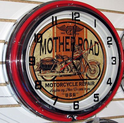 Route 66 Motorcycle Harley Mother Road Sign Large Neon Clock