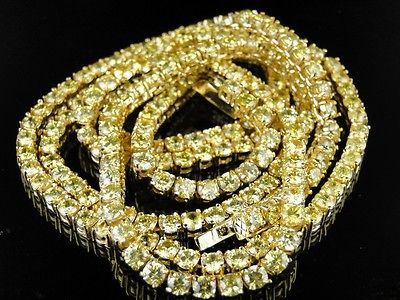 NEW MENS 1 ROW YELLOW FINISH CANARY SIMULATED DIAMOND 4 PRONG CHAIN