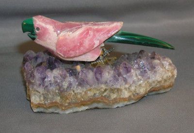 South American Carved Hardstone Parrot on Amethyst