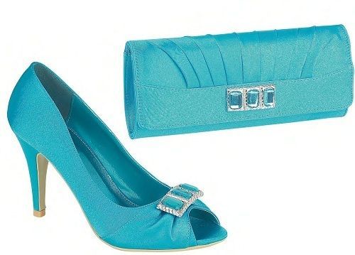 NEW WOMENS TURQUOISE DIAMANTE PEEPTOE WEDDING EVENING SHOES & MATCHING