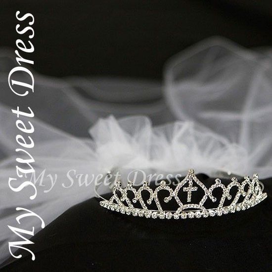 Dangling Cross Rhinestone Tiara with Veil   First Communion