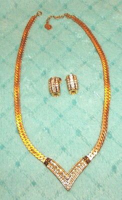 Dior Necklace and Matching Earrings Gold Tone Chain and Rhinestones