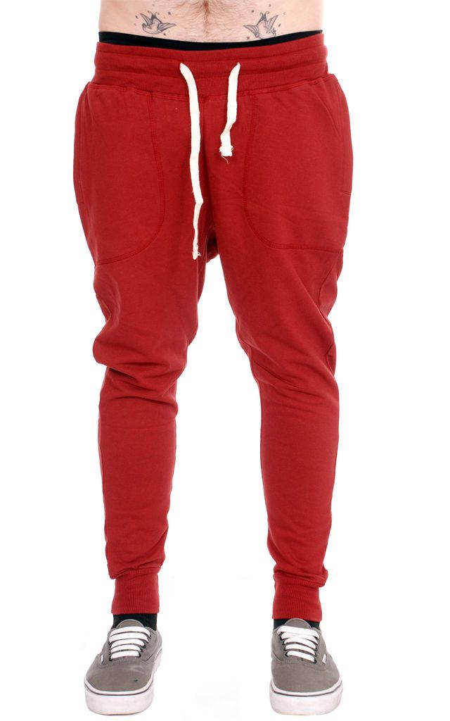 MENS CARROT FIT TWISTED CUFFED HEM DROP CROUCH SKINNY JOGGERS CLARET