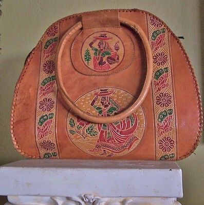 VTG 70s Sheep SKIN TOOLED Leather LOOP Handbag INDIA