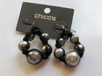 CHICOS GUN METAL NITA WHITE FAUX PEARL/BLACK NET HOOP EARRINGS