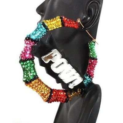 Bamboo POW Rhinestone Hoop Earring Basketball Wives Jerseylicious