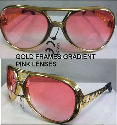 ELVIS SUNGLASSES AVIATOR GOLD CUSTOM PINK LENSES WITH BUTTON METAL